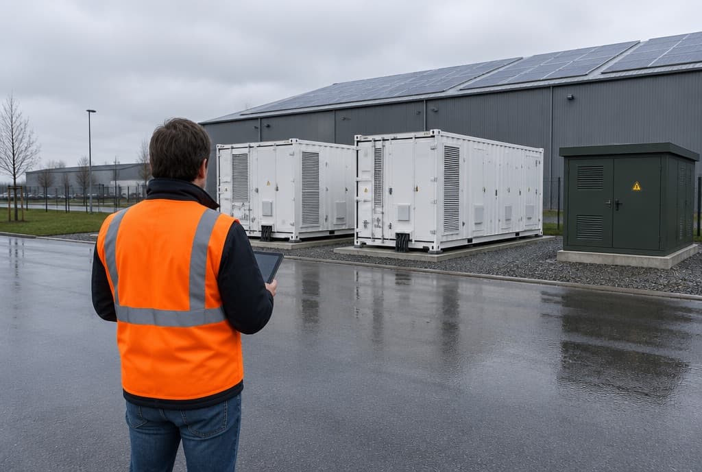 Engineer in hesje voor twee batterijcontainers naast een bedrijfshal met zonnepanelen